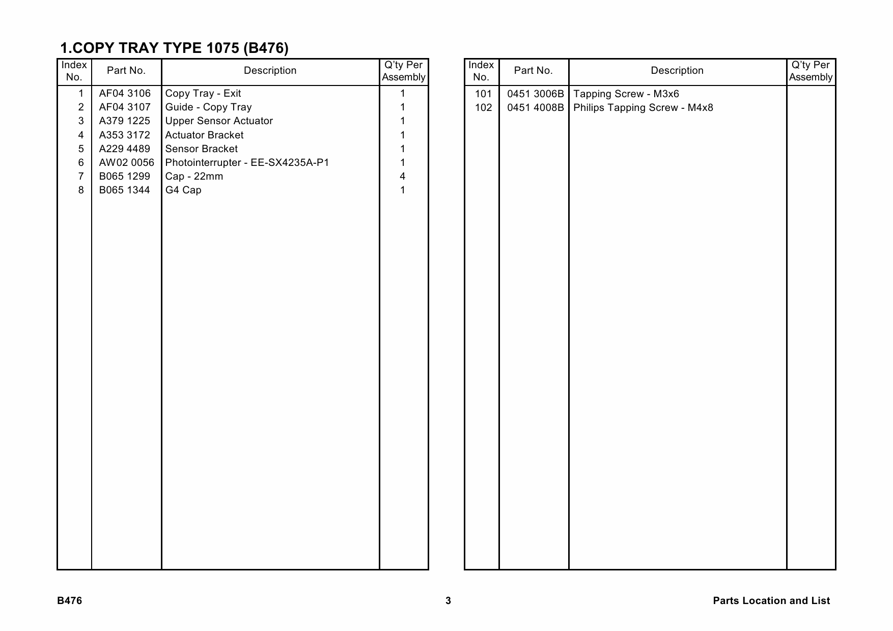 RICOH Options B476 COPY-TRAY-TYPE-1075 Parts Catalog PDF download-5